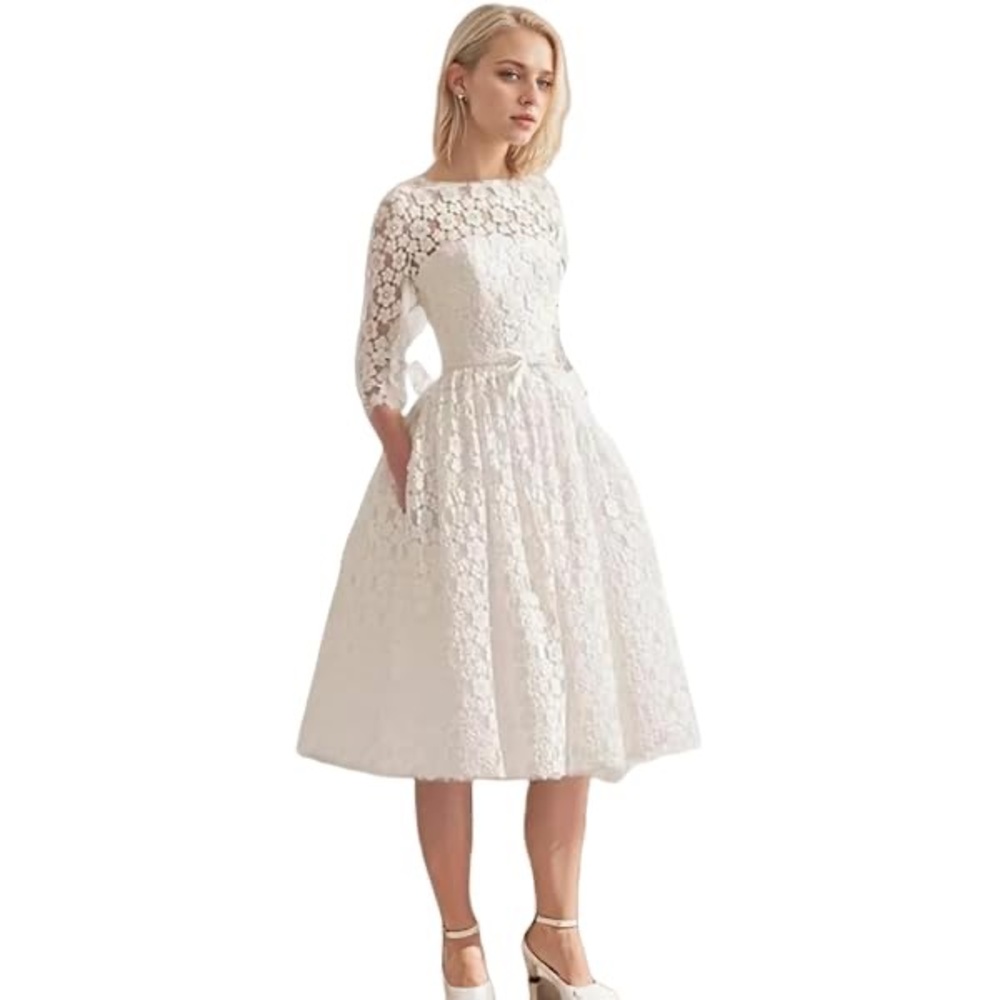 NWOT Floral Lace illusion 3/4 puffy sleeve coquette formal gown White Dress XL
